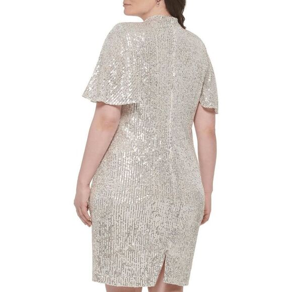 ✨ ELIZA J Silver Sequin Sheath Flutter Sleeve Mock Neck Dress SIZE 12 $168 NWT - Picture 8 of 16